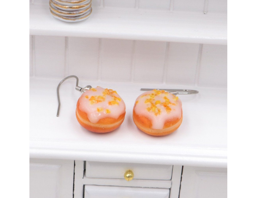 Kolczyki słodycze - pączki z lukrem i skórką pomarańczy