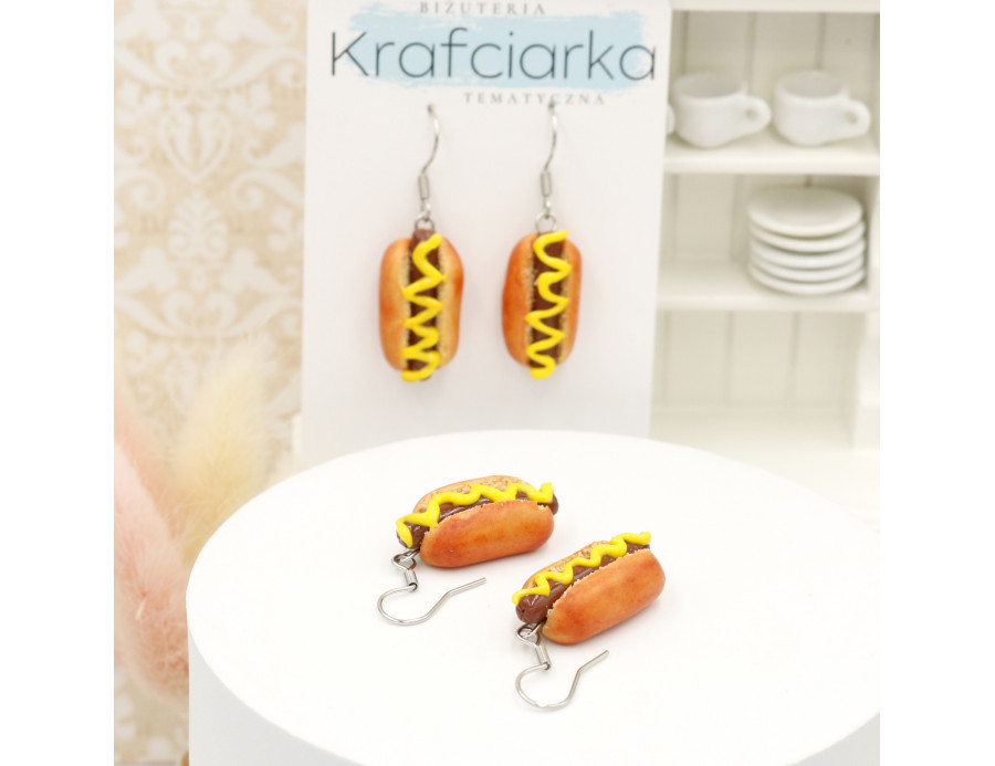 Kolczyki z modeliny hot dogi z musztardą
