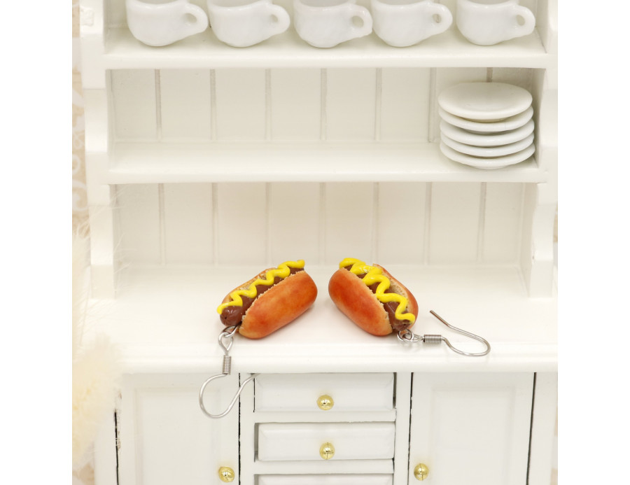 Kolczyki z modeliny hot dogi z musztardą
